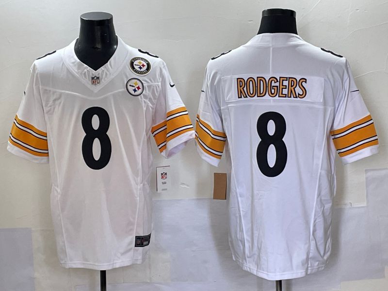 Men 2025 Pittsburgh Steelers 8 Rodgers White Three generations Nike Limited NFL Jersey style 2